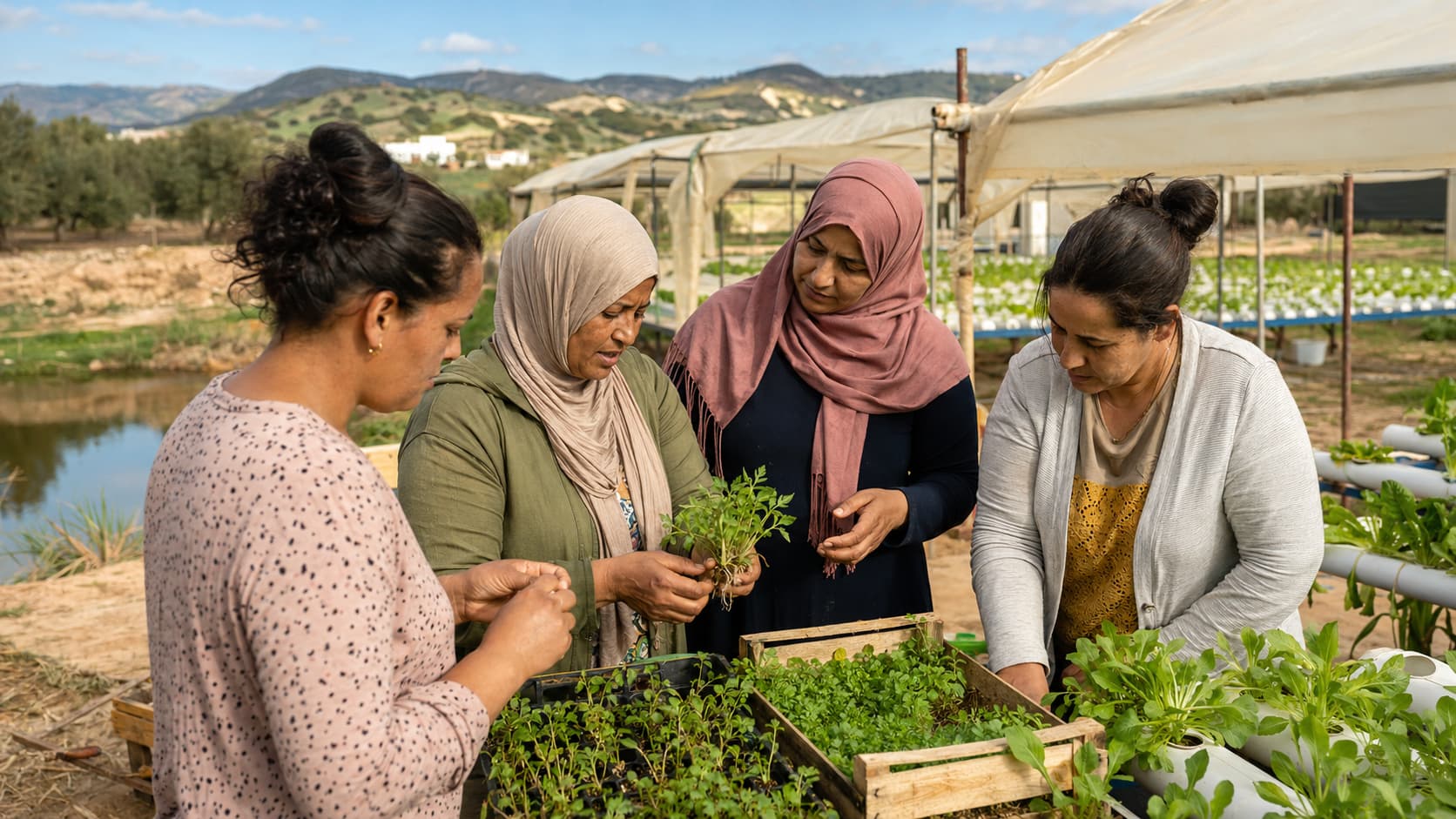 A group of women working in a hydroponic farm
