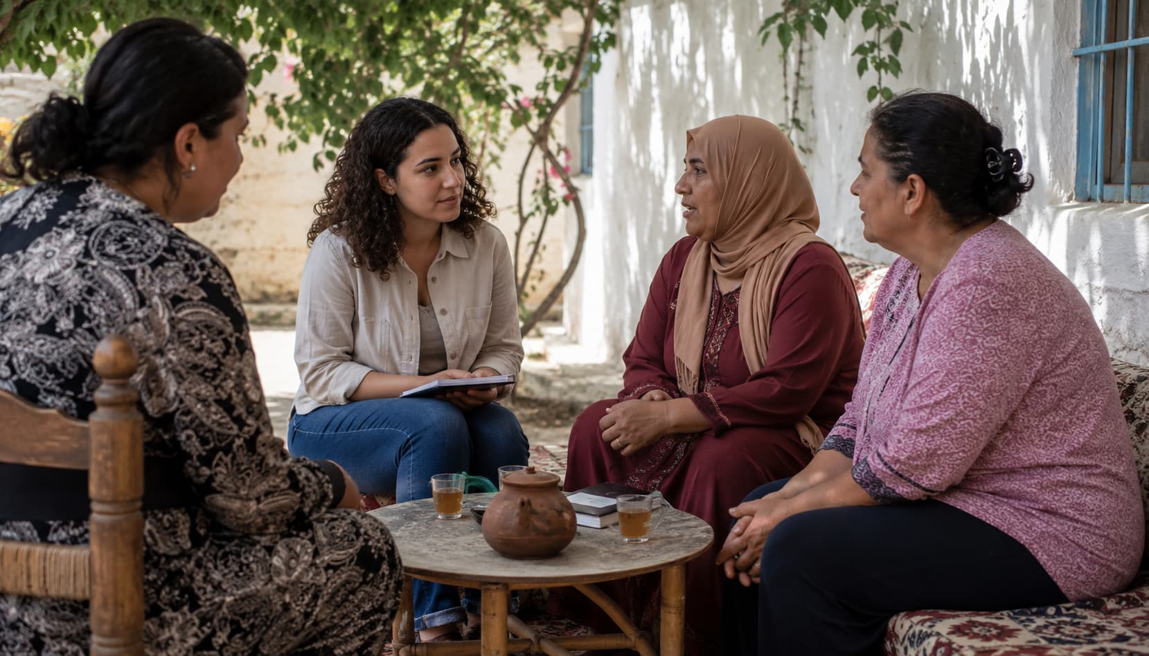 Photo of a group on women talking, one of them has a notebook